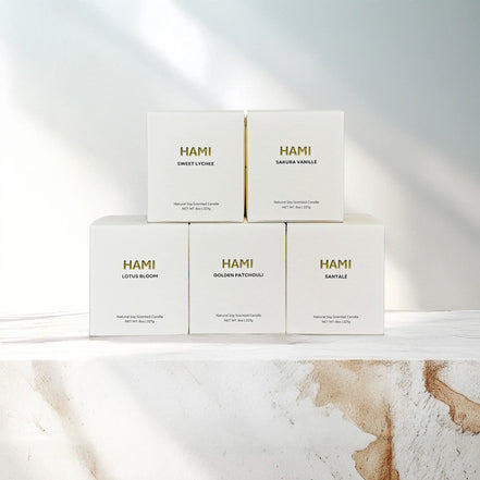 Hami Sweet Lychee Cherry Blossom Vanilla Lotus Bloom Golden Patchouli Sandalwood Santal Woody Oud Lavender Jasmine Cloves Cedarwood Cardamom Soy Wax Scented Candle