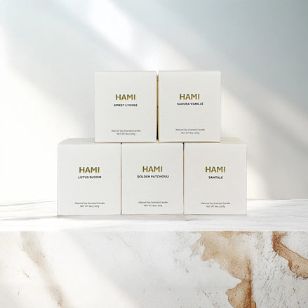 Hami Sweet Lychee Cherry Blossom Vanilla Lotus Bloom Golden Patchouli Sandalwood Santal Woody Oud Lavender Jasmine Cloves Cedarwood Cardamom Soy Wax Scented Candle