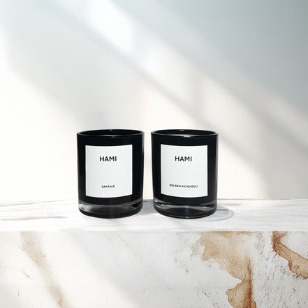 Hami Santal Sandalwood and Golden Patchouli Woody Oud Lavender Jasmine Cloves Cedarwood Cardamom Soy Wax Scented Candle.